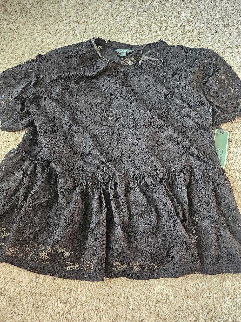 Terra & Sky Black Floral Lace Peplum Blouse